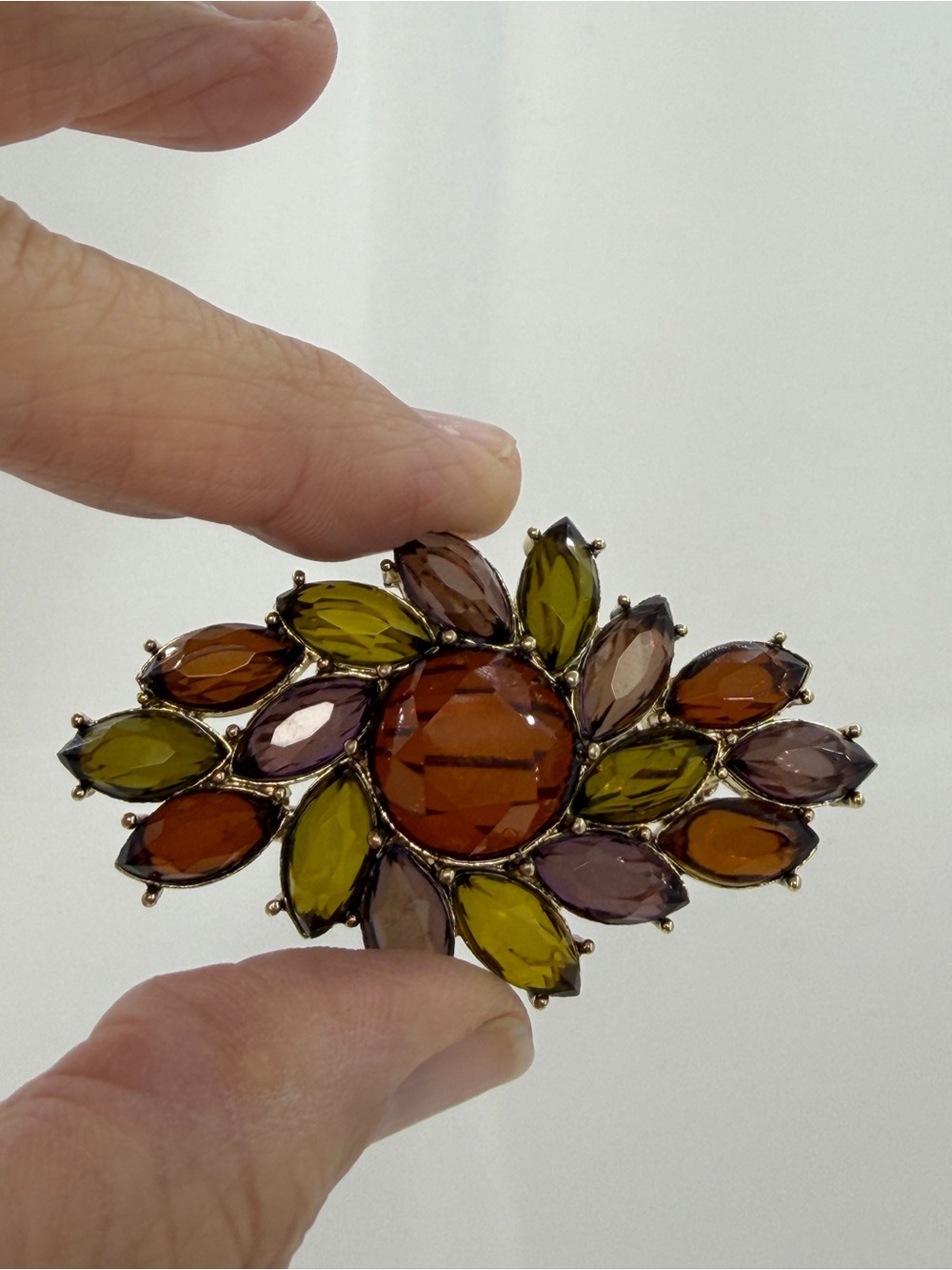 Monet Sage Green Amethyst Amber Crystal Rhinestone Brooch Pin Faceted Goldtone